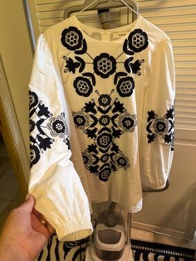 Porter White Mini Dress with Black Floral Embroidery